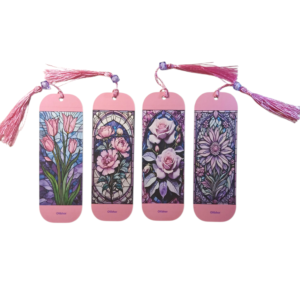 Set of 4 Floral Beaded Tassel Bookmarks, Stained Glass Style Art, Book Lover Gift